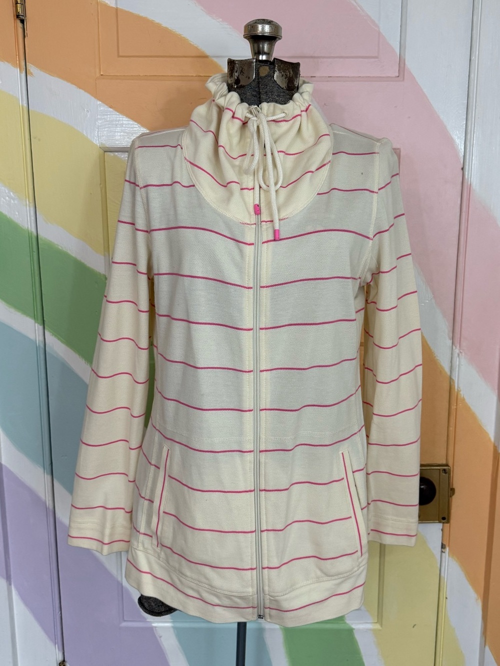 T By Talbots Cotton Pique Striped Textured Full Zip Jacket Sz M 💚🍄